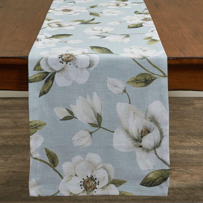 Blue Magnolia Floral Cotton Table Runner 72"L