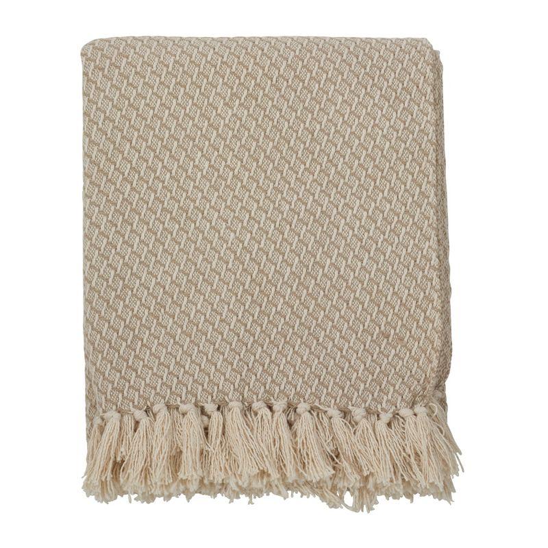 50"x60" Classic Tassel Trim Throw Blanket Beige - Saro Lifestyle: Cotton, Mid-Century Modern, Machine Washable