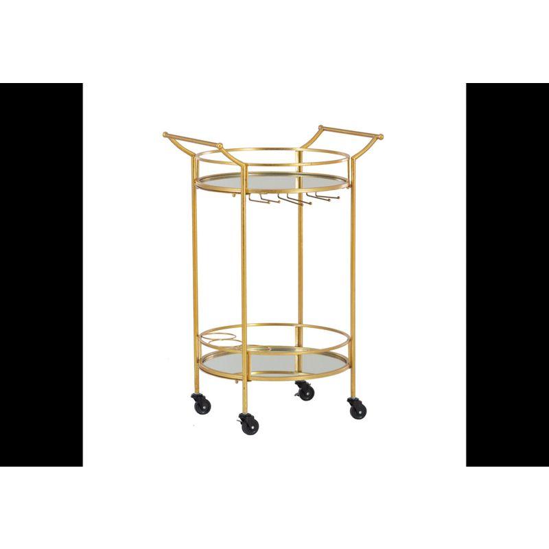 Round Metal Frame 2 Mirrored Glass Shelves Bar Cart with Locking Wheels - Linon: Indoor Serving Trolley