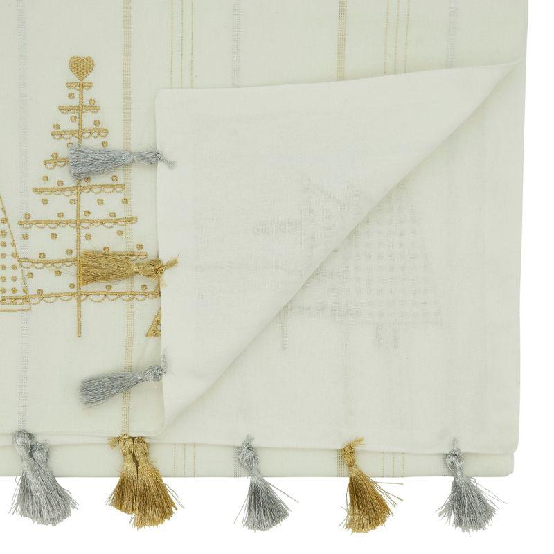 White Cotton Christmas Tree Table Runner with Gold Tassels