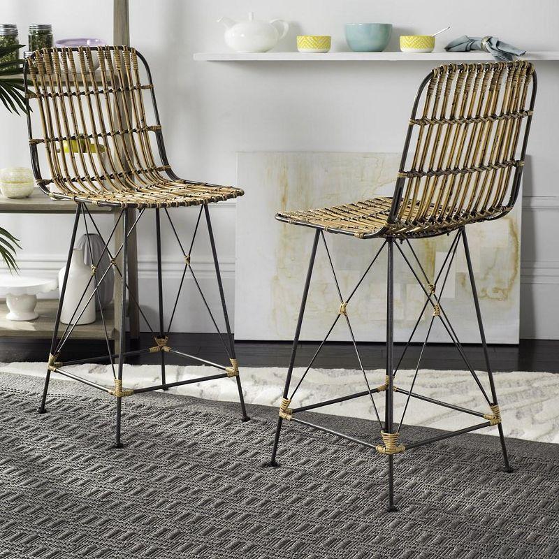 Minerva Wicker Counter Stool (Set of 2)  - WIK6509 - Natural Brown Wash/Black - Safavieh
