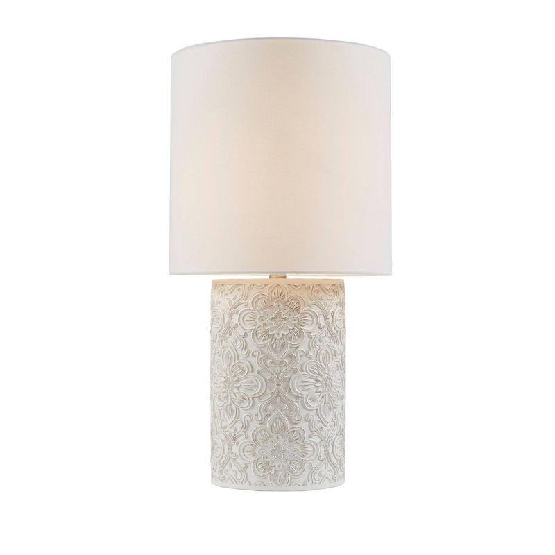 Ivory Floral Embossed Resin Cylinder Table Lamp with 3-Way Switch