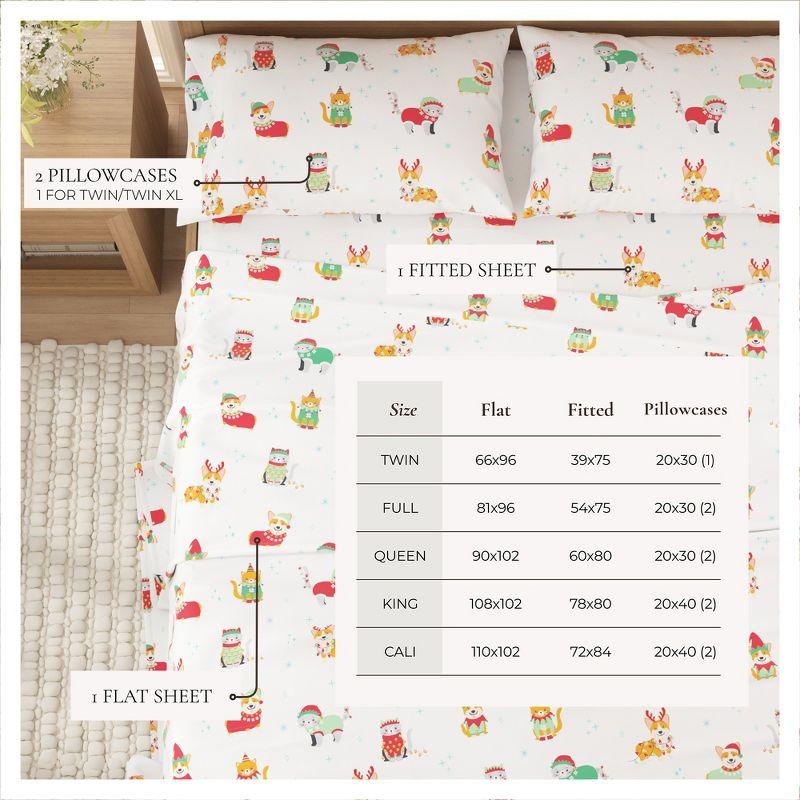 100% Cotton Christmas Flannel Sheets - Great Bay Home (Queen, Dog Cat Christmas)