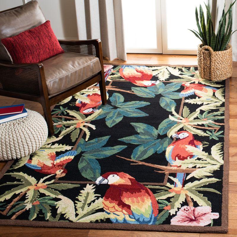 Handmade Black Wool Floral Parrot Area Rug 5'3" x 8'3"