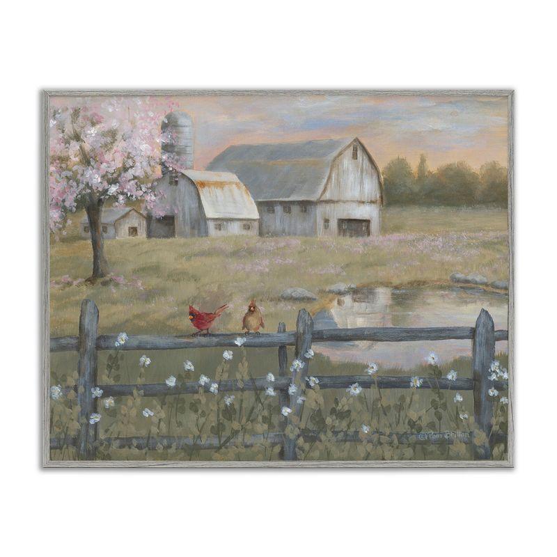 " Blossoming Trees Birds Perched Country Farm Fence " by Pam Britton Painting Print