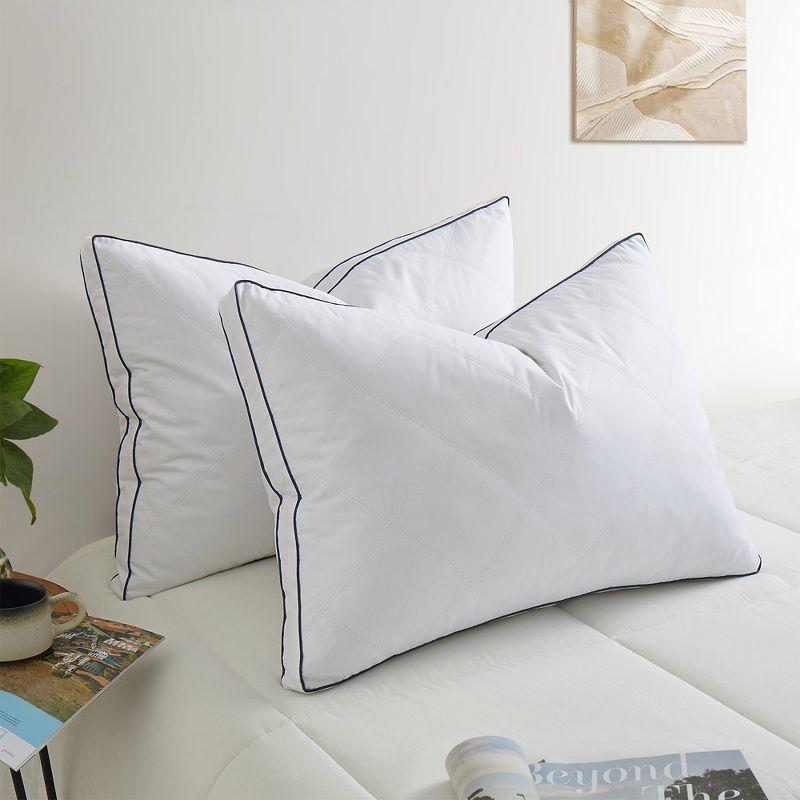 Queen Size White Goose Feather Down Pillows with Navy Piping, Pack of 2