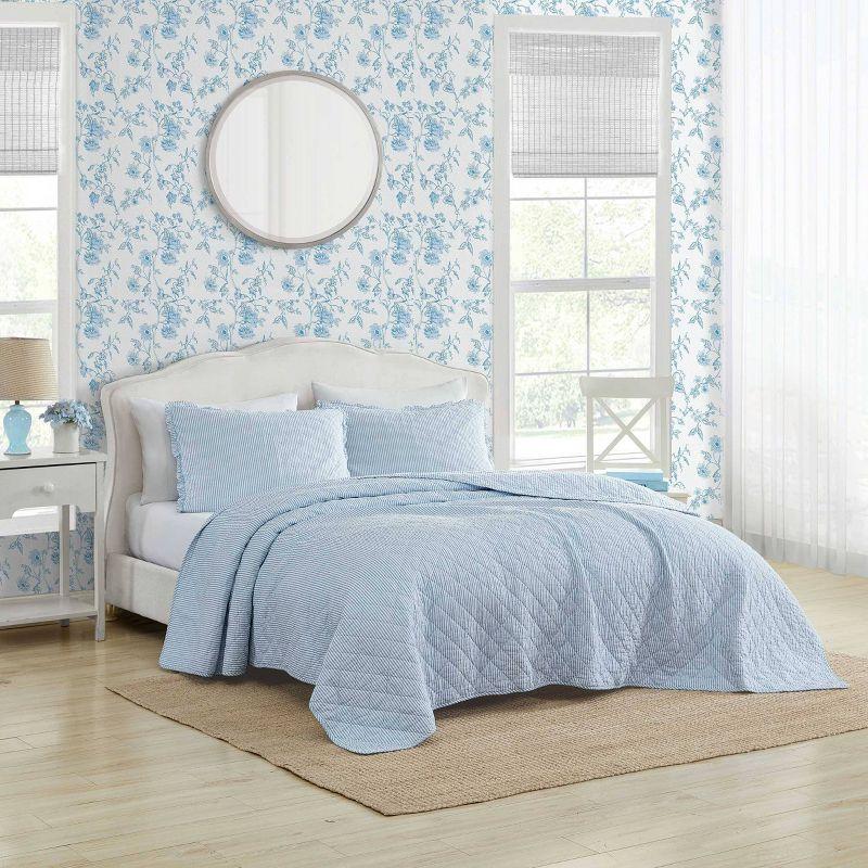 Laura Ashley Oxford Stripe Blue Cotton Reversible Quilt Set