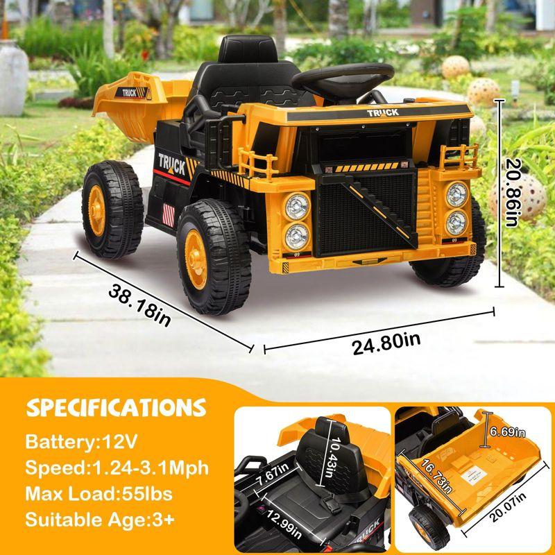 Ride On Dump Truck for Kids,12V Ride On Construction Vehicle with Remote Control, Shovel, Music Player, Shock Absorption, for 3+