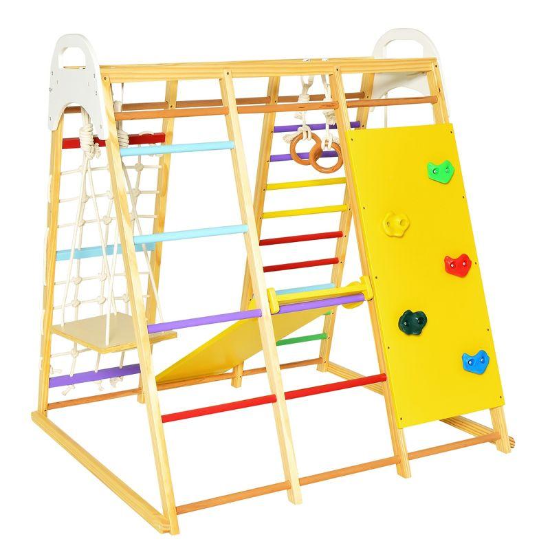 Costway 8-in-1 Jungle Gym Playset, Wooden Climber Play Set with Monkey Bars Colorful/Natural