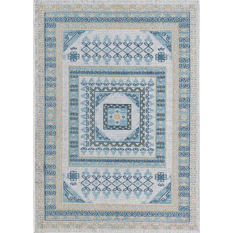 Morning Glory Blue and Yellow Abstract Vintage Area Rug, 2'6" x 8'