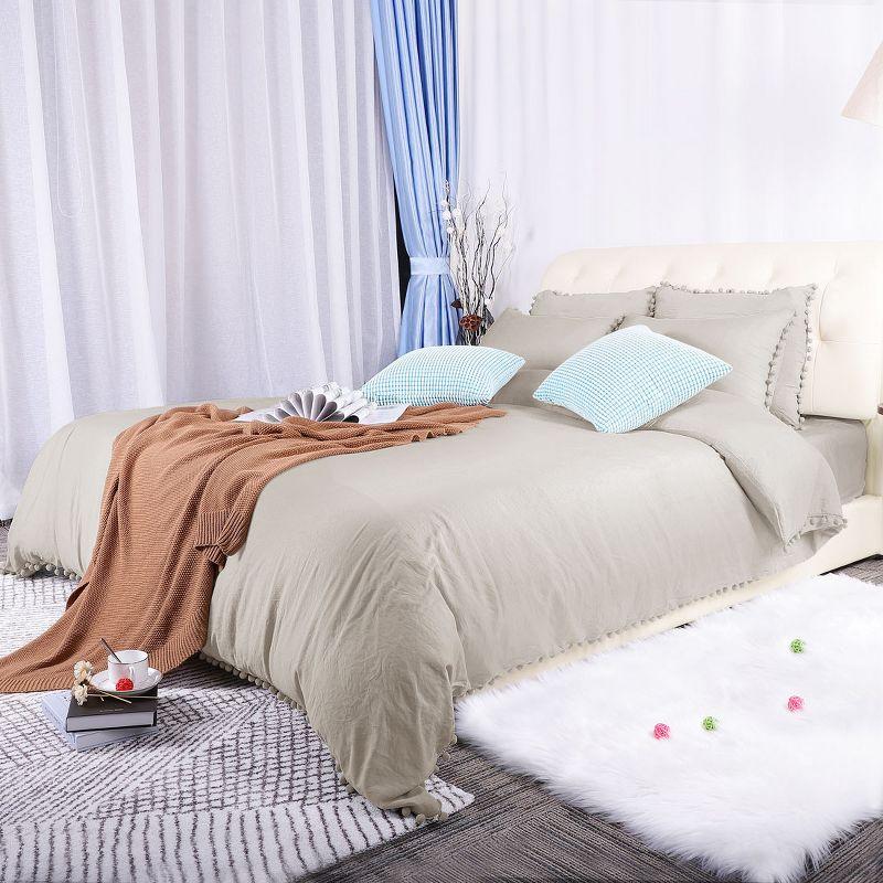 PiccoCasa Soft Bedding Solid Duvet Cover Set with Pompon Tassels and 2 Pillow Shams 3 Pcs Tan Queen