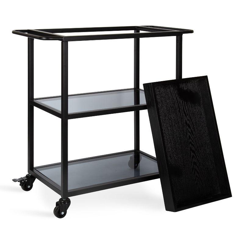 Black Metal Bar Cart with Glass Shelves and Tray