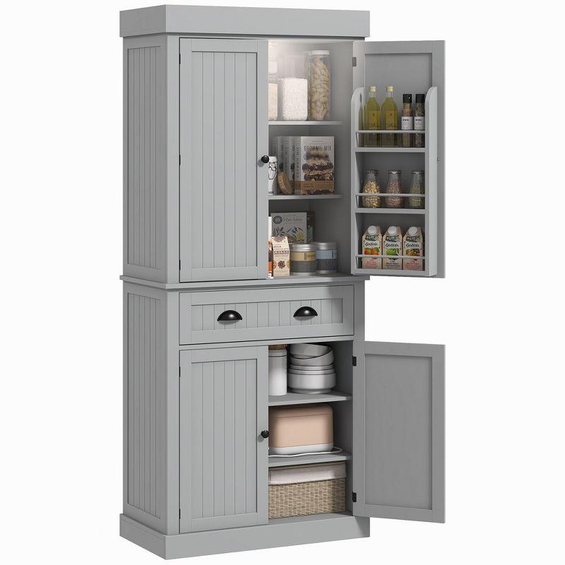 HOMCOM 71" LED Kitchen Pantry Cabinet, Tall Storage Cabinet with 6 Door Shelves, a Drawer and 4 Adjustable Shelves, Gray