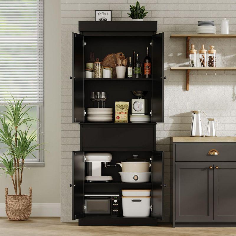 Tall Kitchen Pantry Cabinet 69" Storage Cabinet with Rattan Doors, Drawer and Adjustable Shelves, Cupboard for Bathroom Dining Room, Black