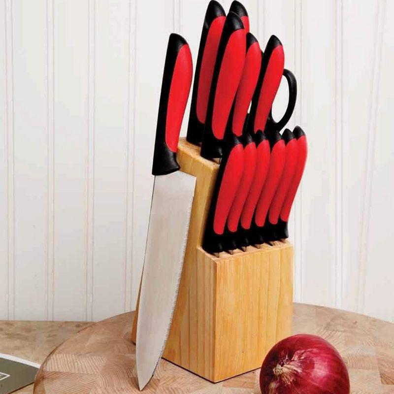 MegaChef 14-Piece Red and Black Stainless Steel Cutlery Set with Wood Block