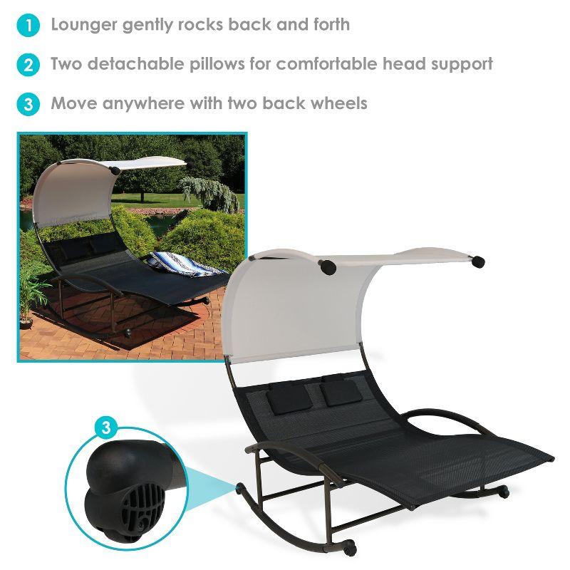 Sunnydaze Outdoor Double Chaise Lounge Bed with Canopy Shade and Headrest Pillows, Black