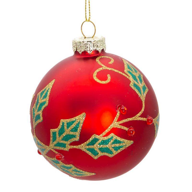 Kurt Adler 80MM Glass Red Berry and Holly Leaves 6-Piece Ball Ornament Set