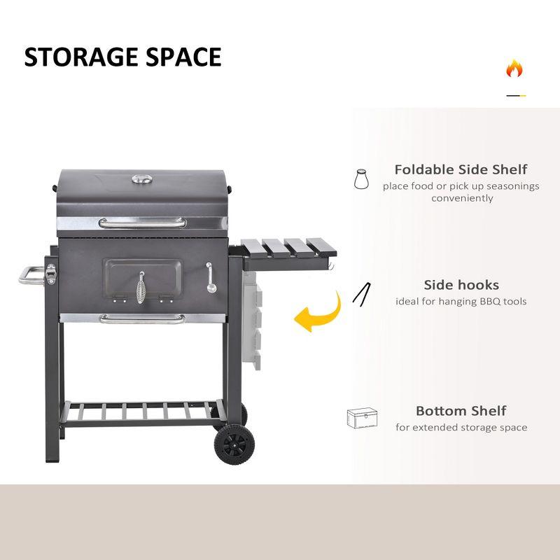 Outsunny Charcoal BBQ Grill, Outdoor Portable Cooker for Camping or Backyard Picnic with Side Table, Bottom Storage Shelf, Wheels and Handle, Gray