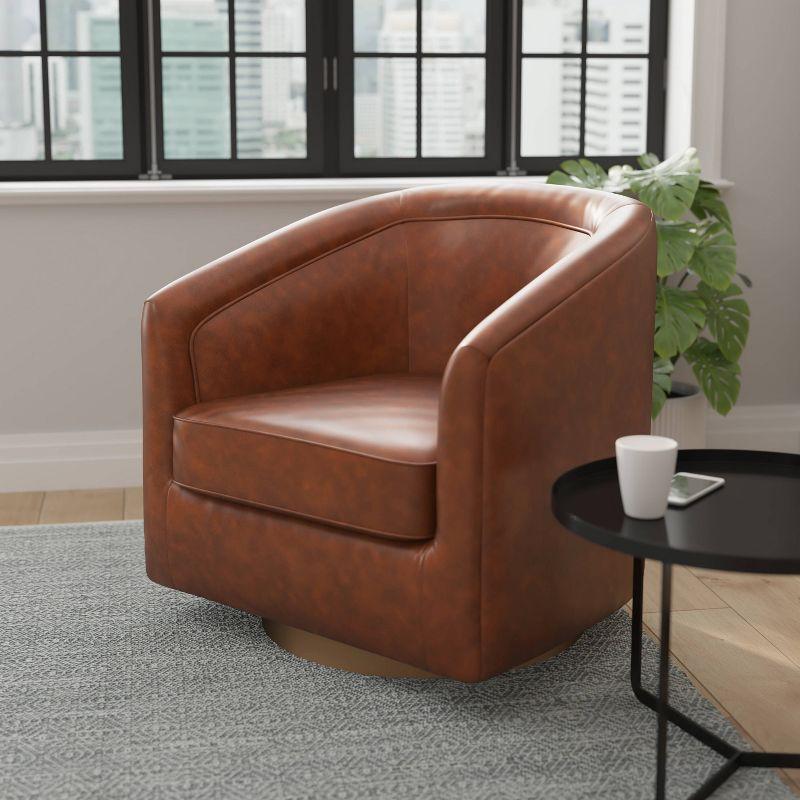 Brown Faux Leather Swivel Barrel Chair with Wood Base