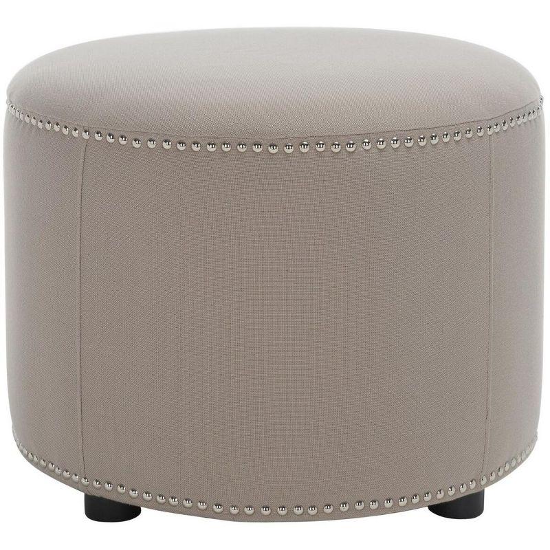 Transitional Round Beige Linen Ottoman with Nailhead Trim