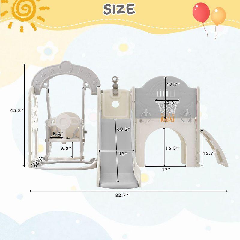 7-in-1 White and Gray Toddler Slide and Swing Set with Basketball Hoop