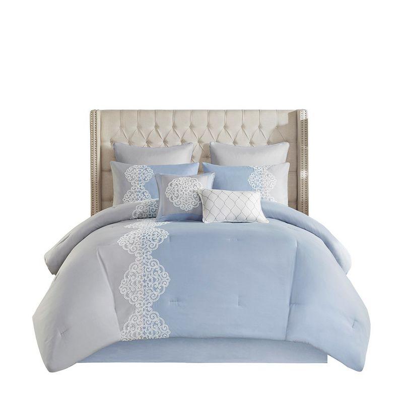 King Blue Embroidered Microfiber Comforter Set