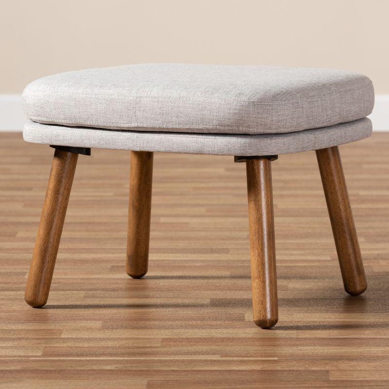 Mid-Century Modern Greyish Beige Fabric Ottoman with Walnut Legs