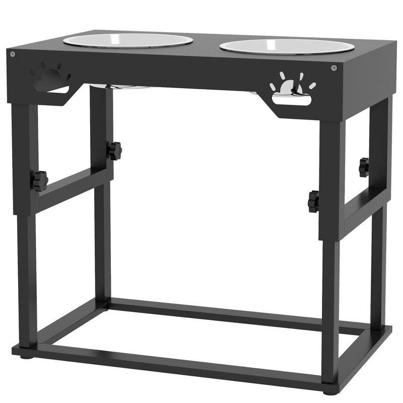 PawHut Elevated Dog Bowls, 7 Adjustable Height Dog Bowl Stand with 2 Stainless Steel Bowls for Small, Medium, and Large Dogs, Black