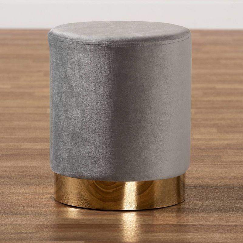 Chaela Gray Velvet and Gold Round Ottoman