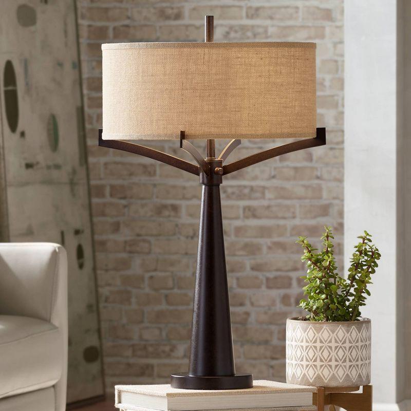 Franklin Iron Works Tremont Industrial Table Lamp 31 1/2" Tall Bronze Metal Burlap Fabric Drum Shade for Bedroom Living Room Bedside Nightstand Office