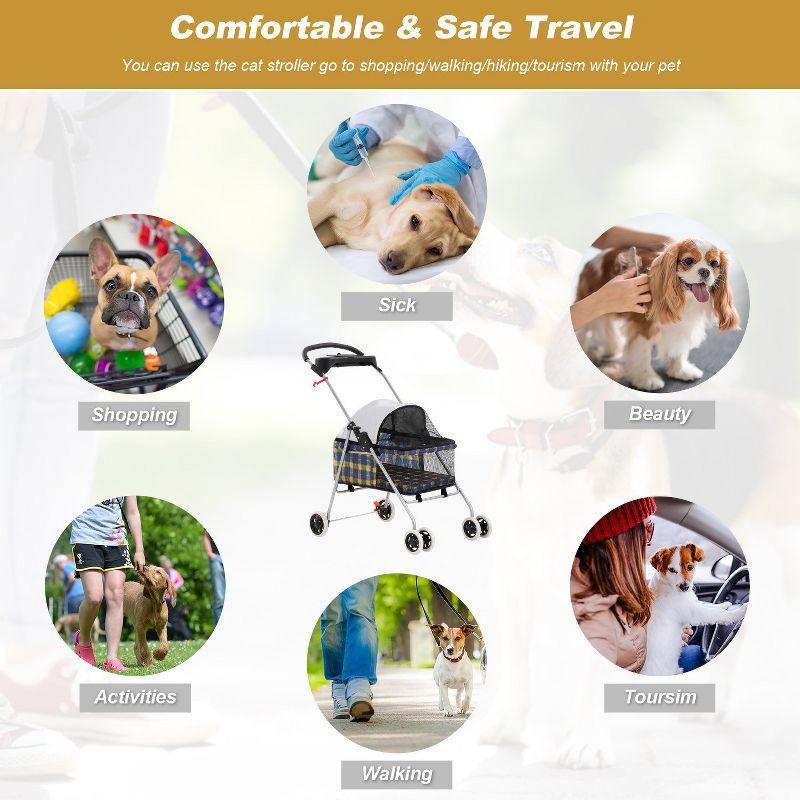 FDW 4 Wheels Pet Stroller Cat Dog Stroller Portable Folding Travel Carrier Strolling Cart Waterproof with Storage Basket,Mesh Windows, Yellow Plaid