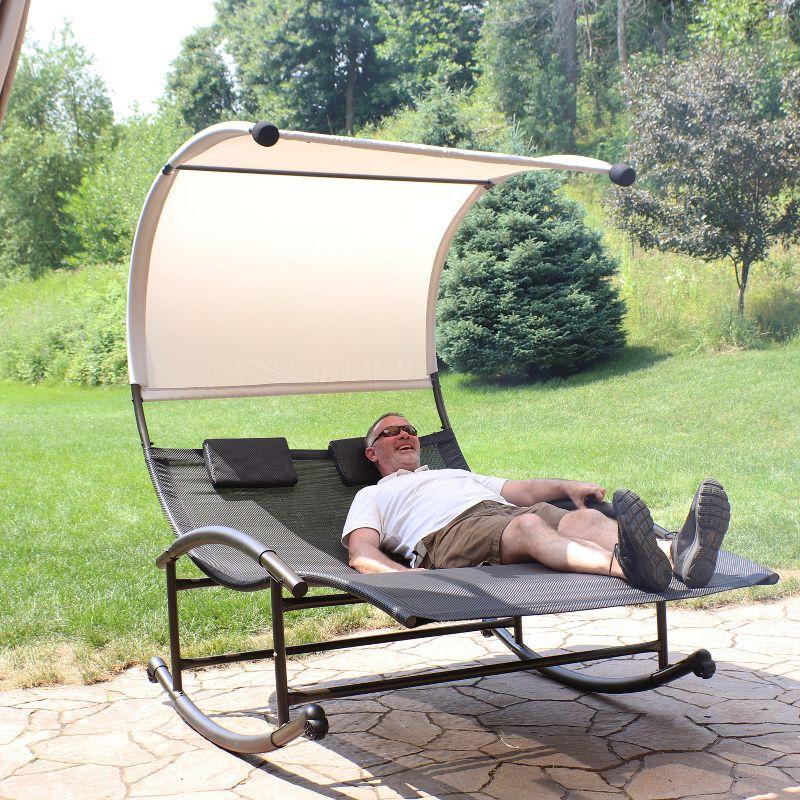 Sunnydaze Outdoor Double Chaise Lounge Bed with Canopy Shade and Headrest Pillows, Black