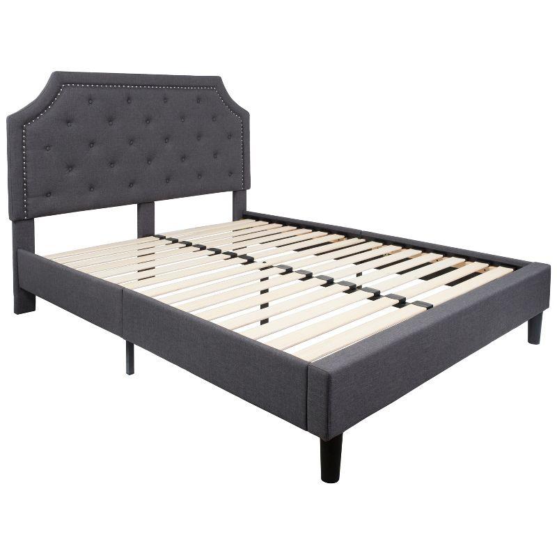 Provence Dark Gray Queen Platform Bed with Tufted Headboard and Gold Nail Trim