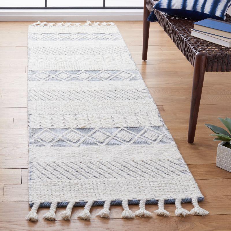 Ivory and Blue Hand-Knotted Wool Area Rug - 27" x 8"