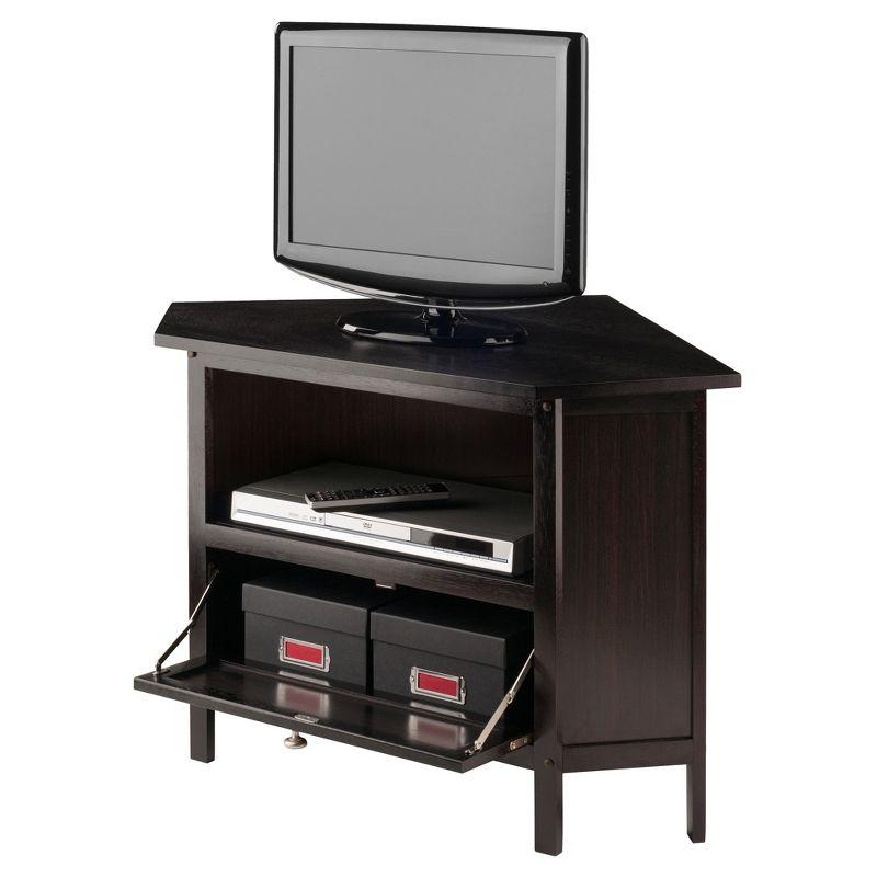 Winsome Zena Corner TV Stand for TVs up to 27" Espresso: Mid-Century Modern, Open Shelving, MDF Wood