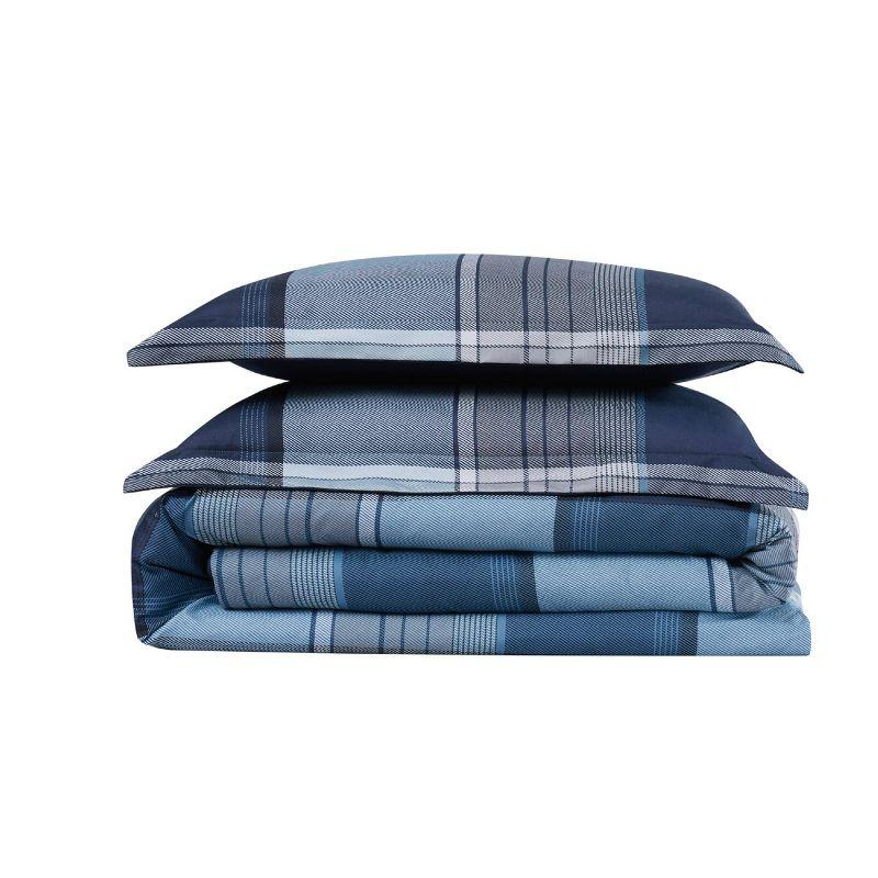 Full/Queen Blue Plaid Reversible Microfiber Comforter Set