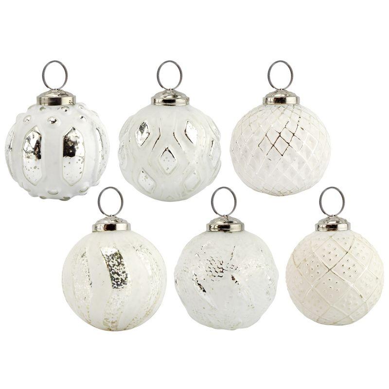 Distressed White Metal and Glass Ball Christmas Ornaments, Set of 6