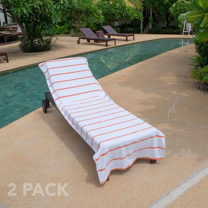 Arkwright Las Rayas Chaise Lounge Cover - (Pack of 2) 100% Cotton Terry Towel with Fitted Pocket, 30x85 - Orange