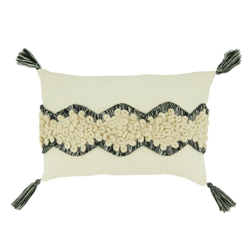 Ivory and Black Yarn Lace Appliqué Throw Pillow with Tassels