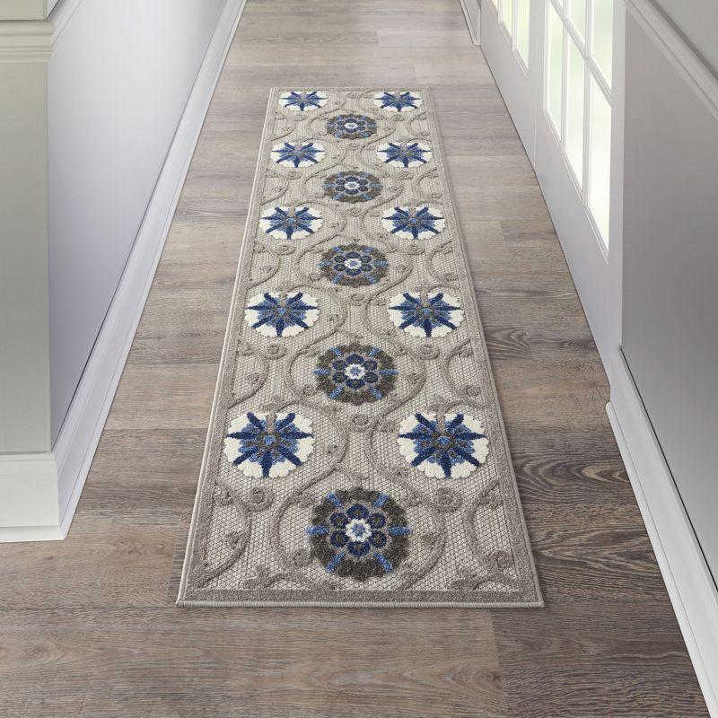 Nourison Aloha Contemporary Floral Flatweave High-Low Indoor Outdoor Runner Rug Grey/Blue 2' x 6'