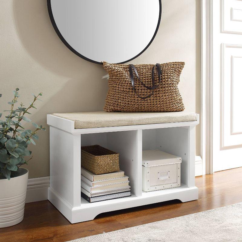 Beige Linen Coastal Storage Bench with Adjustable Shelves