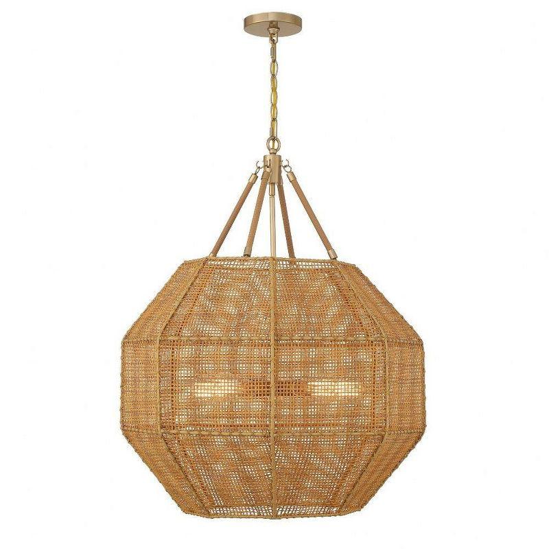 Burnished Brass and Rattan 5-Light Octagon Pendant