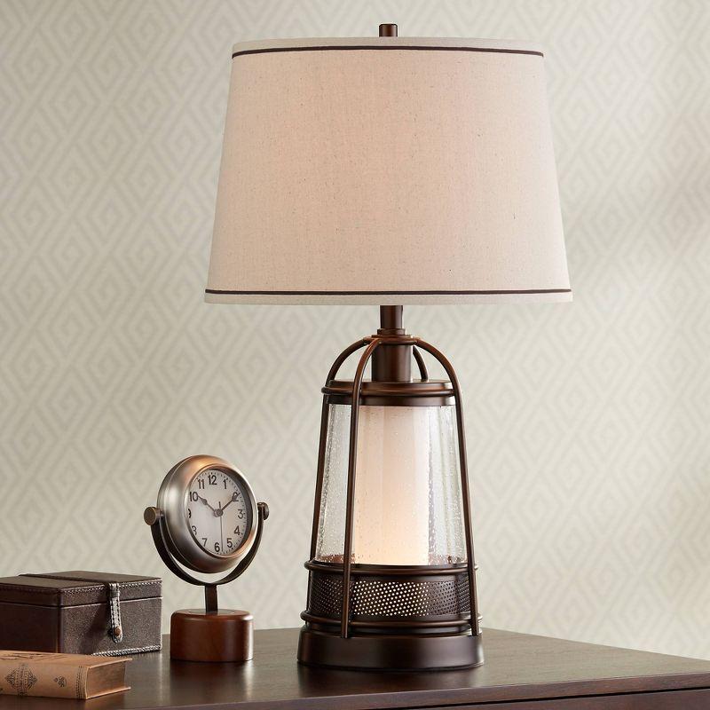 Franklin Iron Works Hugh Industrial Rustic Table Lamp 26" High Bronze Metal Seeded Glass with LED Nightlight Off White Shade for Bedroom Living Room