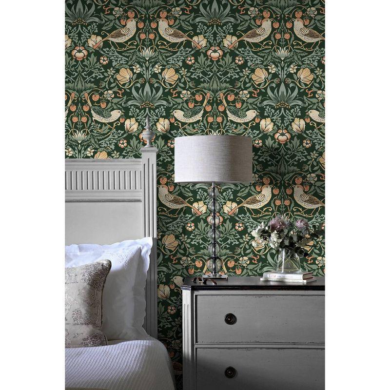 Forest Green Bird and Floral Peel and Stick Wallpaper