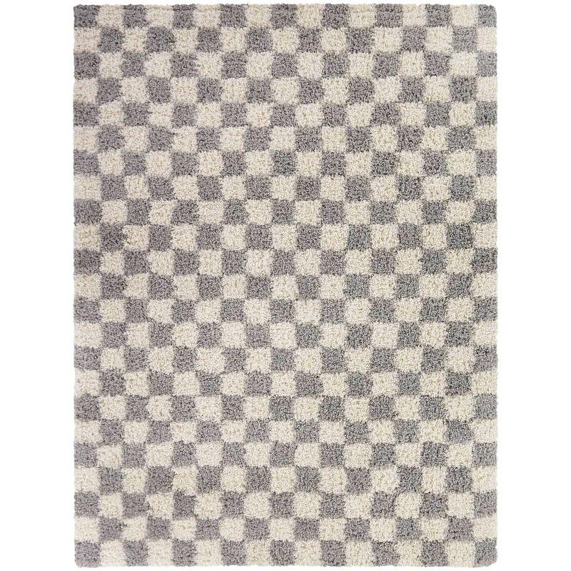 Gray and White Checkered Shag Rug, 5' 3" x 7'