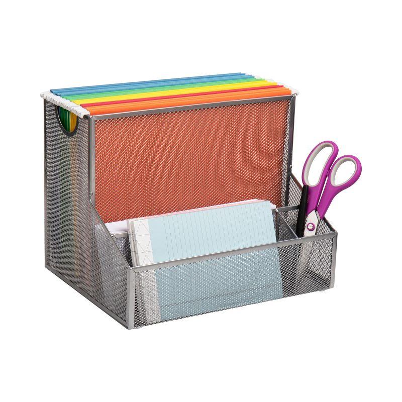 Silver Metal Mesh Desktop Organizer with Vertical File Storage