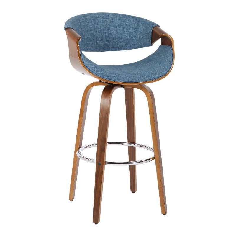 Mid-Century Blue Fabric Swivel Barstool with Walnut Wood Frame