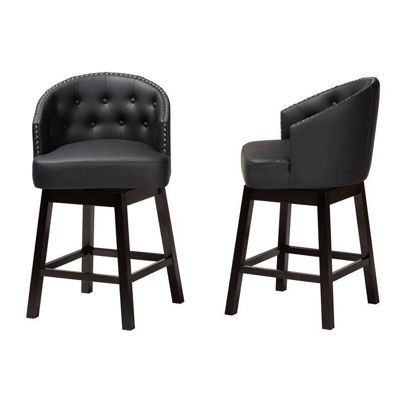 2pc Theron Faux Leather & Wood Swivel Counter Height Barstool Set with Nailhead Trim - Baxton Studio