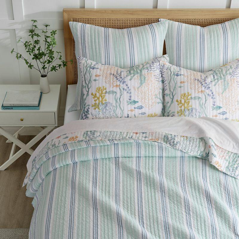 Full Blue Cotton Reversible Quilt Set with Shams