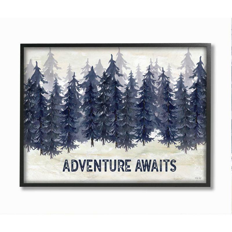 Stupell Industries Adventure Awaits Quote Blue Pine Tree Forest Scene Black Framed Giclee, 16 x 20